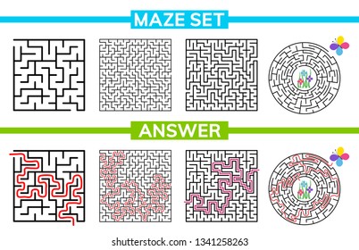 Maze, labyrinth conundrum for kids. Entry and exit. Maze set, collection labyrinth. Children puzzle game. Vector stock illustration