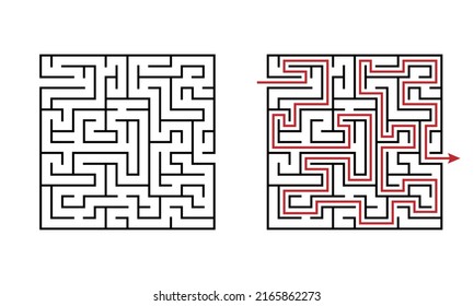 Maze labyrinth educational game for kids with solution. Challenging puzzle to practice toddler logic. Find the way out. Montessori children education vector illustration for school. Hard square quest 