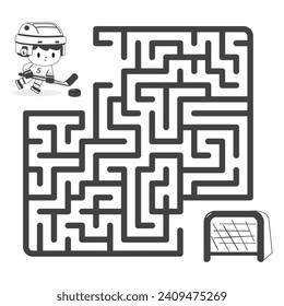 Maze or Labyrinth Game. Coloring Page Outline Of cartoon boy play. Help a cartoon hockey player score a goal in this fun and challenging maze puzzle for kids. Cartoon boy playing hockey. Winter sports