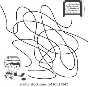 Juego de laberinto o laberinto. Esbozo de la página de color del juego de niños de dibujos animados. Ayude a un jugador de hockey sobre caricatura a anotar un gol en este divertido y desafiante rompecabezas de laberinto para los niños. Niño de caricatura jugando al hockey. Deportes de invierno