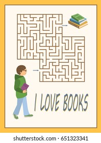 Maze or labyrinth game for kids in library and bookstore. Boy with glasses looking for books in library, bookstore or college