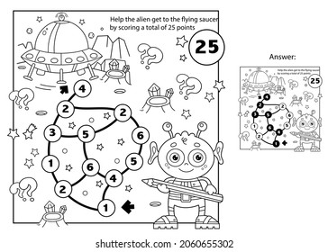 Maze or Labyrinth Game. Mathematical addition game. Puzzle. Coloring Page Outline Of cartoon alien with a flying saucer on a planet in space. Coloring book for kids.