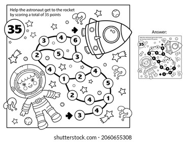 Maze or Labyrinth Game. Mathematical addition game. Puzzle. Coloring Page Outline Of cartoon astronaut with rocket in space. Little spaceman or cosmonaut. Coloring book for kids.