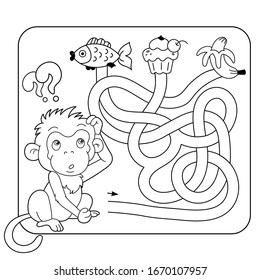 Maze or Labyrinth Game for Preschool Children. Puzzle. Tangled Road. Matching Game. Coloring Page Outline Of Cartoon Monkey with food. Coloring book for kids. 