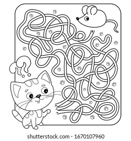 Maze or Labyrinth Game for Preschool Children. Puzzle. Tangled Road. Matching Game. Coloring Page Outline Of Cartoon Cat with mouse. Coloring book for kids. 