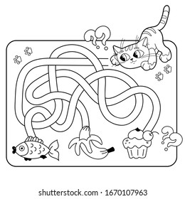 Maze or Labyrinth Game for Preschool Children. Puzzle. Tangled Road. Matching Game. Coloring Page Outline Of Cartoon Cat with food. Coloring book for kids. 