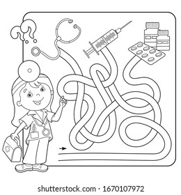 Maze or Labyrinth Game for Preschool Children. Puzzle. Tangled Road. Matching Game. Coloring Page Outline Of Cartoon Doctor with medical tools. Coloring book for kids.