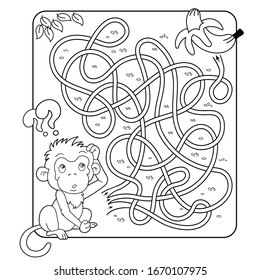 Maze or Labyrinth Game for Preschool Children. Puzzle. Tangled Road. Matching Game. Coloring Page Outline Of Cartoon Monkey with banana. Coloring book for kids. 