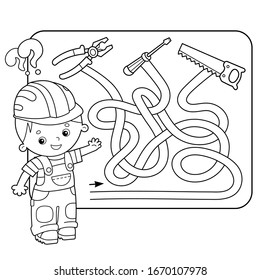 Maze or Labyrinth Game for Preschool Children. Puzzle. Tangled Road. Matching Game. Coloring Page Outline Of Cartoon Worker with tools. Coloring book for kids.