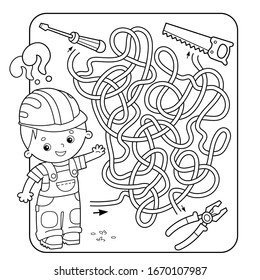 Maze or Labyrinth Game for Preschool Children. Puzzle. Tangled Road. Matching Game. Coloring Page Outline Of Cartoon Worker with tools. Coloring book for kids.