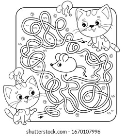 Maze or Labyrinth Game for Preschool Children. Puzzle. Tangled Road. Matching Game. Coloring Page Outline Of Cartoon Cats with mouse. Coloring book for kids.