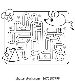 Maze or Labyrinth Game for Preschool Children. Puzzle. Tangled Road. Matching Game. Coloring Page Outline Of Cartoon mouse with cheese. Coloring book for kids.