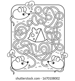 Maze or Labyrinth Game for Preschool Children. Puzzle. Tangled Road. Matching Game. Coloring Page Outline Of Cartoon mouses with cheese. Coloring book for kids.