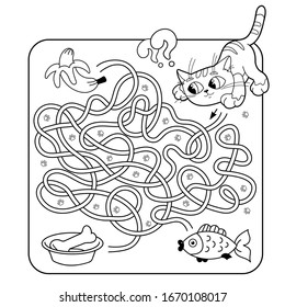 Maze or Labyrinth Game for Preschool Children. Puzzle. Tangled Road. Matching Game. Coloring Page Outline Of Cartoon Cat with food. Coloring book for kids.