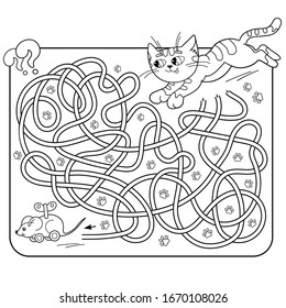 Maze or Labyrinth Game for Preschool Children. Puzzle. Tangled Road. Matching Game. Coloring Page Outline Of Cartoon Cat with mouse. Coloring book for kids.