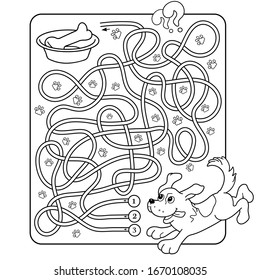 Maze or Labyrinth Game for Preschool Children. Puzzle. Tangled Road. Matching Game. Coloring Page Outline Of Cartoon Dog with bone. Coloring book for kids.