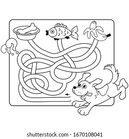 Maze or Labyrinth Game for Preschool Children. Puzzle. Tangled Road. Matching Game. Coloring Page Outline Of Cartoon Dog with food. Coloring book for kids.
