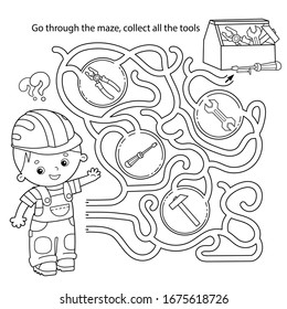 Maze or Labyrinth Game for Preschool Children. Puzzle. Tangled Road. Matching Game. Coloring Page Outline Of Cartoon Worker with tools. Coloring book for kids.