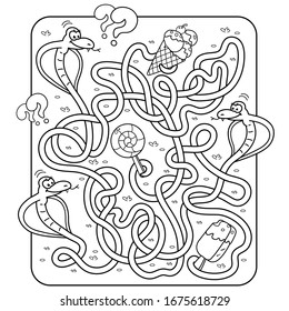 Maze or Labyrinth Game for Preschool Children. Puzzle. Tangled Road.  Coloring Page Outline Of Cartoon Snakes with sweets. Coloring book for kids