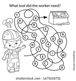 Maze or Labyrinth Game for Preschool Children. Puzzle. Tangled Road. Matching Game. Coloring Page Outline Of Cartoon Worker with tools. Coloring book for kids.