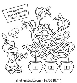 Maze or Labyrinth Game for Preschool Children. Puzzle. Tangled Road.  Coloring Page Outline Of Cartoon Fakir or snake Charmer with serpent. Coloring book for kids