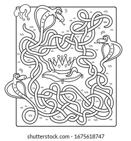 Maze or Labyrinth Game for Preschool Children. Puzzle. Tangled Road.  Whose crown? Coloring Page Outline Of Cartoon Snakes with Royal Coronet. Coloring book for kids