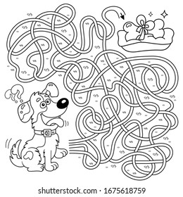 Maze or Labyrinth Game for Preschool Children. Puzzle. Tangled Road. Matching Game. Coloring Page Outline Of Cartoon Dog with bone. Coloring book for kids.