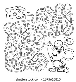 Maze or Labyrinth Game for Preschool Children. Puzzle. Tangled Road. Matching Game. Coloring Page Outline Of Cartoon mouse with cheese. Coloring book for kids.