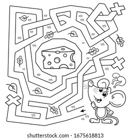 Maze or Labyrinth Game for Preschool Children. Puzzle. Tangled Road. Matching Game. Coloring Page Outline Of Cartoon mouse with cheese. Coloring book for kids.