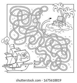 Maze or Labyrinth Game for Preschool Children. Puzzle. Tangled Road. Matching Game. Coloring Page Outline Of Cartoon Pirate ship with island of treasure. Coloring book for kids.