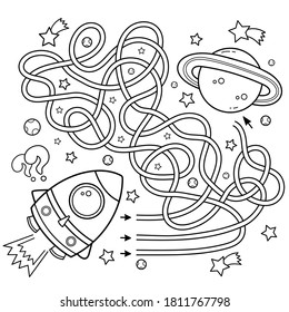 Maze or Labyrinth Game for Preschool Children. Puzzle. Tangled Road. Coloring Page Outline Of Cartoon rocket in space. Coloring book for kids.