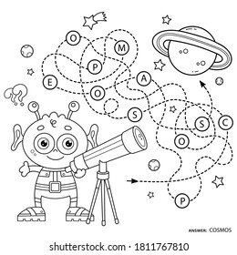 Maze or Labyrinth Game for Preschool Children. Puzzle. Tangled Road. Coloring Page Outline Of Cartoon alien with telescope. Saturn. Space and astronomy. Coloring book for kids.