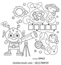 Maze or Labyrinth Game for Preschool Children. Puzzle. Tangled Road. Coloring Page Outline Of Cartoon alien with telescope. Space. Coloring book for kids.