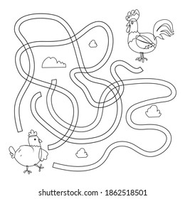 Maze or Labyrinth Game for Preschool Children. Puzzle. Tangled Road. Coloring Page Outline Of Cartoon rooster and hen. Coloring book for kids.