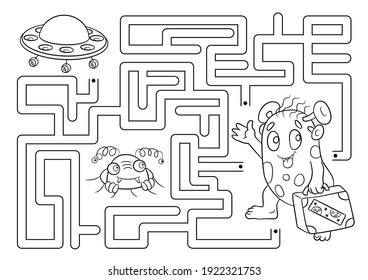 Maze or Labyrinth Game for Preschool Children. Puzzle. Tangled Road. Coloring Page Outline Of Cartoon rocket in space. Coloring book for kids.