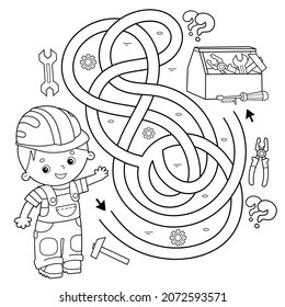 Maze or Labyrinth Game for Preschool Children. Puzzle. Tangled road. Coloring Page Outline Of Cartoon Worker with tools. Coloring book for kids.