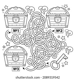 Maze Or Labyrinth Game For Preschool Children. Puzzle. Tangled Road.  Coloring Page Outline Of Cartoon Key And Closed Treasure Chests. Coloring Book For Kids