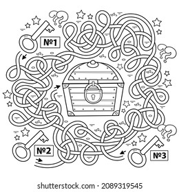 Maze or Labyrinth Game for Preschool Children. Puzzle. Tangled Road.  Coloring Page Outline Of Cartoon keys and closed treasure chest. Coloring book for kids