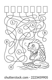 Maze or Labyrinth Game for Preschool Children. Puzzle. Coloring Page Outline Of Cartoon Delicacy Fish. Alice tale