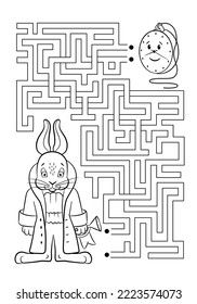 Maze or Labyrinth Game for Preschool Children. Puzzle. Tangled Road. Coloring Page Outline Of Cartoon Rabbit. Coloring book for kids. Alice tale