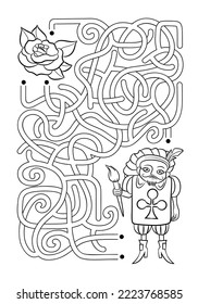 Maze or Labyrinth Game for Preschool Children. Puzzle. Tangled Road. Coloring Page Outline Of Cartoon Playing card and rose. Coloring book for kids. Alice tale