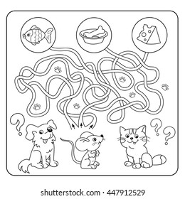 Maze Or Labyrinth Game For Preschool Children. Puzzle. Tangled Road. Matching Game. Cartoon Animals And Their Favorite Food. Coloring Book For Kids. 