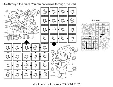 Juego de laberinto o laberinto. Rompecabezas. Esquema de página de color de niños con regalos en el árbol de Navidad. Navidad. Año nuevo. Libro de colorear para niños. 