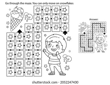 Juego de laberinto o laberinto. Rompecabezas. Contorno de página de color de niño pequeño con helado. Año nuevo. Navidad. Libro de colorear para niños.  