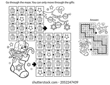 Maze or Labyrinth Game. Puzzle. Coloring Page Outline Of Christmas boot or sock with gifts and dog. Christmas. New year. Coloring book for kids.