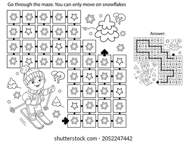 Maze or Labyrinth Game. Puzzle. Coloring Page Outline Of cartoon boy skiing. Winter sports. Coloring book for kids.