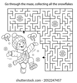 Maze oder Labyrinth Game. Rätsel. Farbige Seite Umriss des Cartoon Jungen Springen vor Freude. Zuerst Schnee. Winter. Farbbuch für Kinder.