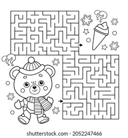 Maze or Labyrinth Game. Puzzle. Coloring Page Outline Of little toy bear with ice cream. Winter. Coloring book for kids