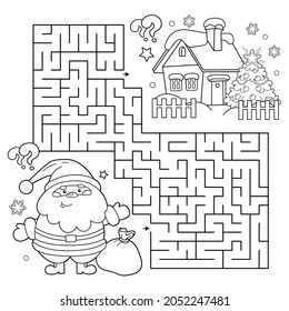 Maze or Labyrinth Game. Puzzle. Coloring Page Outline Of Santa Claus with gifts bag and Christmas tree. New year. Christmas. Coloring book for kids.