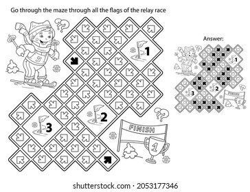 Maze oder Labyrinth Game. Rätsel. Farbige Seite Umriss der Cartoon Jungen Ski. Wintersport. Farbbuch für Kinder.